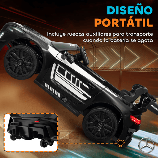AIYAPLAY Carro Elétrico para Crianças Mercedes-AMG GT3 Evo Carro de Bateria 12V com Controlo Remoto 2,4G Motor Duplo Rodas Auxiliares Alça de Transporte Música Faróis 115x66x44 cm Preto