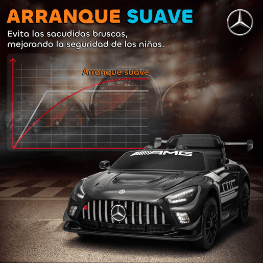 AIYAPLAY Carro Elétrico para Crianças Mercedes-AMG GT3 Evo Carro de Bateria 12V com Controlo Remoto 2,4G Motor Duplo Rodas Auxiliares Alça de Transporte Música Faróis 115x66x44 cm Preto