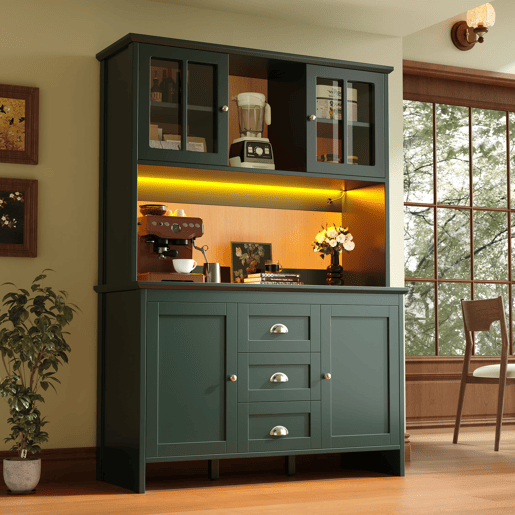 Aparador 120x40x179 cm - Armário alto com portas de vidro castanho e LED - Verde