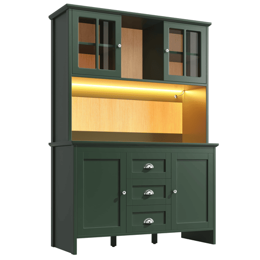 Aparador 120x40x179 cm - Armário alto com portas de vidro castanho e LED - Verde
