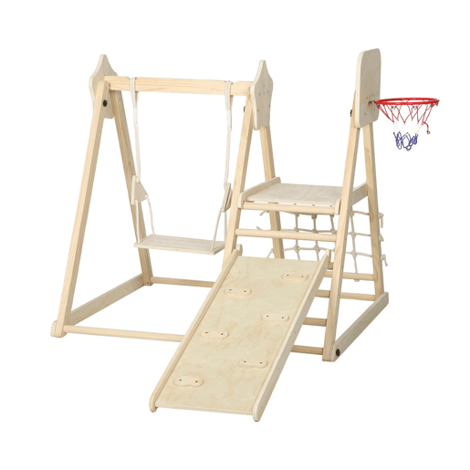 AIYAPLAY Escorrega Infantil 5 em 1 Estrutura de Escalada de Madeira com Escorrega Baloiço Cesto de Basquetebol Prancha Rede de Escalada Parque Dobrável para Crianças de 3-6 Anos 140x172,5x116,5 cm Madeira