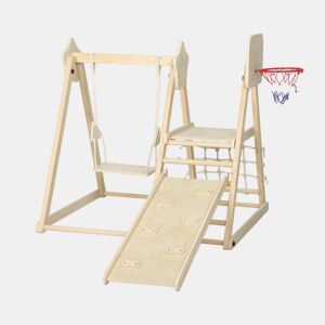 AIYAPLAY Escorrega Infantil 5 em 1 Estrutura de Escalada de Madeira com Escorrega Baloiço Cesto de Basquetebol Prancha Rede de Escalada Parque Dobrável para Crianças de 3-6 Anos 140x172,5x116,5 cm Madeira
