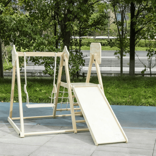 AIYAPLAY Escorrega Infantil 5 em 1 Estrutura de Escalada de Madeira com Escorrega Baloiço Cesto de Basquetebol Prancha Rede de Escalada Parque Dobrável para Crianças de 3-6 Anos 140x172,5x116,5 cm Madeira