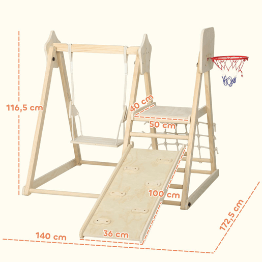 AIYAPLAY Escorrega Infantil 5 em 1 Estrutura de Escalada de Madeira com Escorrega Baloiço Cesto de Basquetebol Prancha Rede de Escalada Parque Dobrável para Crianças de 3-6 Anos 140x172,5x116,5 cm Madeira