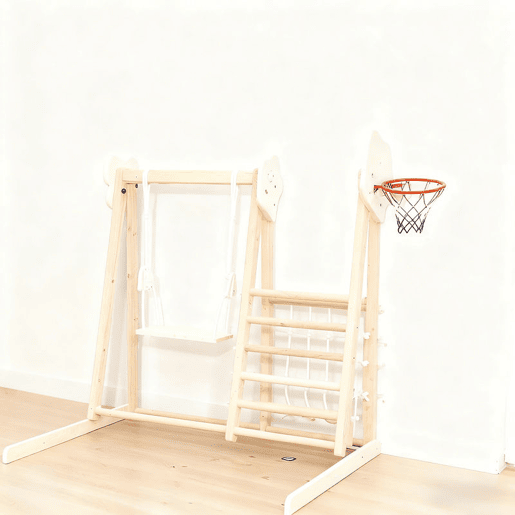 AIYAPLAY Escorrega Infantil 5 em 1 Estrutura de Escalada de Madeira com Escorrega Baloiço Cesto de Basquetebol Prancha Rede de Escalada Parque Dobrável para Crianças de 3-6 Anos 140x172,5x116,5 cm Madeira