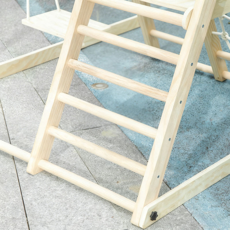 AIYAPLAY Tobogán Infantil 5 En 1 – Estructura De Madera Con Columpio, Aro De Baloncesto Y Red De Escalada Para Niños 3-6 Años