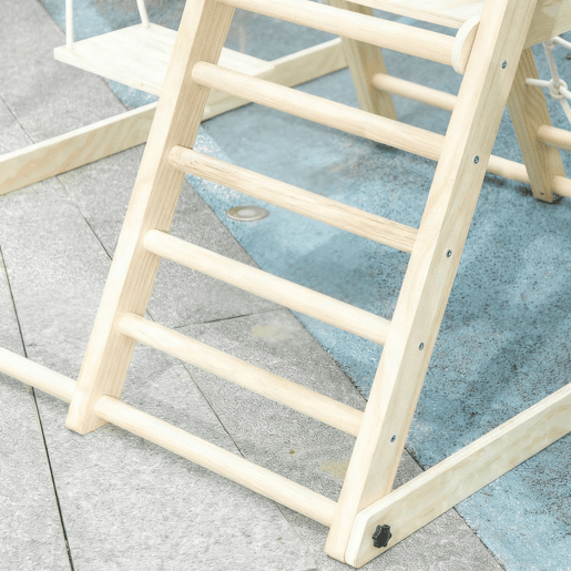 AIYAPLAY Escorrega Infantil 5 em 1 Estrutura de Escalada de Madeira com Escorrega Baloiço Cesto de Basquetebol Prancha Rede de Escalada Parque Dobrável para Crianças de 3-6 Anos 140x172,5x116,5 cm Madeira