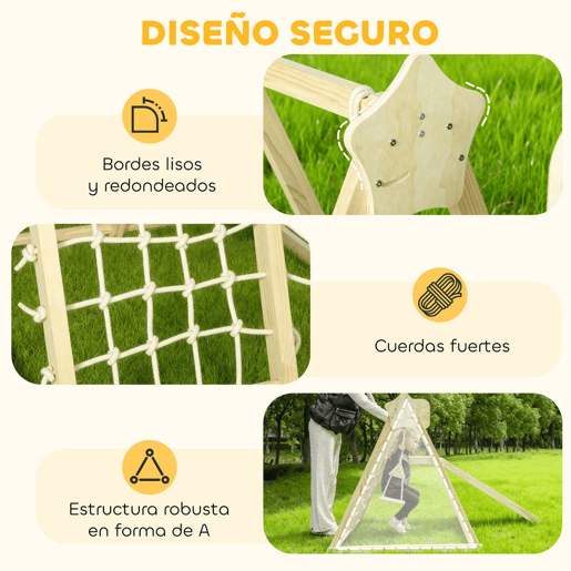 AIYAPLAY Escorrega Infantil 5 em 1 Estrutura de Escalada de Madeira com Escorrega Baloiço Cesto de Basquetebol Prancha Rede de Escalada Parque Dobrável para Crianças de 3-6 Anos 140x172,5x116,5 cm Madeira