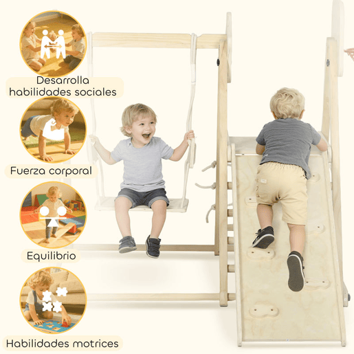 AIYAPLAY Escorrega Infantil 5 em 1 Estrutura de Escalada de Madeira com Escorrega Baloiço Cesto de Basquetebol Prancha Rede de Escalada Parque Dobrável para Crianças de 3-6 Anos 140x172,5x116,5 cm Madeira