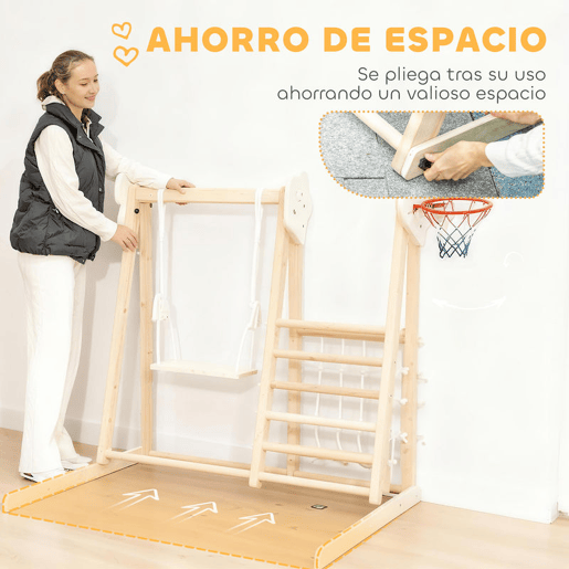 AIYAPLAY Escorrega Infantil 5 em 1 Estrutura de Escalada de Madeira com Escorrega Baloiço Cesto de Basquetebol Prancha Rede de Escalada Parque Dobrável para Crianças de 3-6 Anos 140x172,5x116,5 cm Madeira