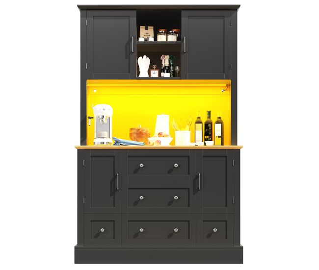 Aparador 115x40x180 cm - con iluminación led, control por app, 4 puertas, 5 cajones - negro, natural