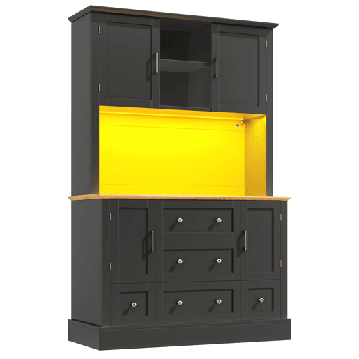 Aparador 115x40x180 cm - Com iluminação LED, controlo por aplicação, 4 portas, 5 gavetas - Preto, Natural