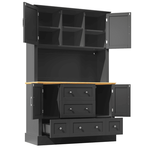 Aparador 115x40x180 cm - Com iluminação LED, controlo por aplicação, 4 portas, 5 gavetas - Preto, Natural