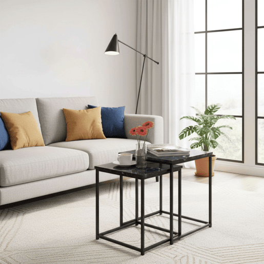Pacote de mesas centrais modernas para sala de estar de 2 andares em preto e cinza com estrutura de metal e melamina 40x50x40 cm 35x45x35 cm