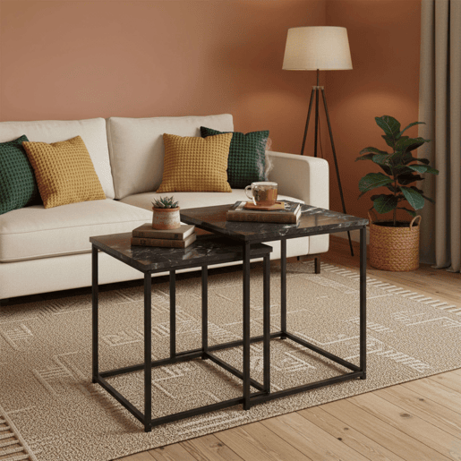 Pacote de mesas centrais modernas para sala de estar de 2 andares em preto e cinza com estrutura de metal e melamina 40x50x40 cm 35x45x35 cm