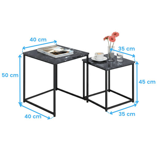 Pacote de mesas centrais modernas para sala de estar de 2 andares em preto e cinza com estrutura de metal e melamina 40x50x40 cm 35x45x35 cm