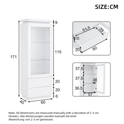Vitrine 60x40x171 cm - Armário alto com 2 gavetas, LED, portas de vidro e abatíveis - Branco