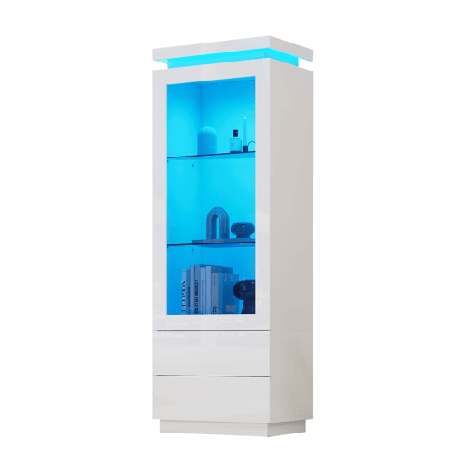 Vitrine 60x40x171 cm - Armário alto com 2 gavetas, LED, portas de vidro e abatíveis - Branco