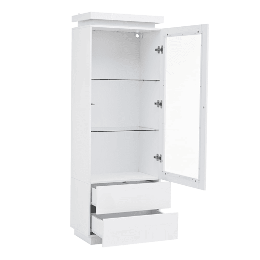 Vitrine 60x40x171 cm - Armário alto com 2 gavetas, LED, portas de vidro e abatíveis - Branco