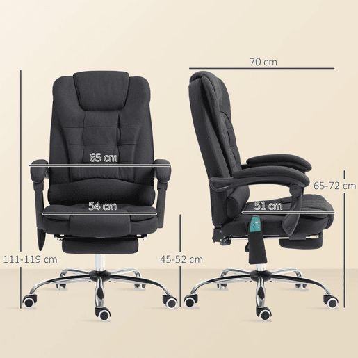 Vinsetto Cadeira de Escritório com 6 Pontos de Massagem Giratória com Encosto Reclinável 135º Função de Aquecimento Apoio para os Pés Retrátil Altura Ajustável e Controlo Remoto 65x70x111-119 cm Preto