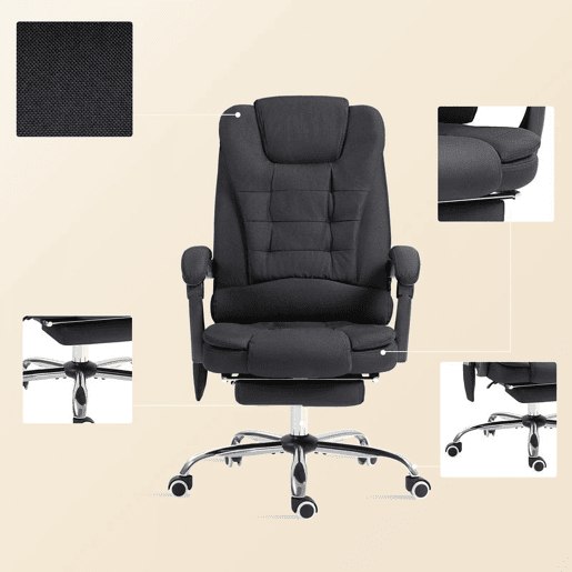 Vinsetto Cadeira de Escritório com 6 Pontos de Massagem Giratória com Encosto Reclinável 135º Função de Aquecimento Apoio para os Pés Retrátil Altura Ajustável e Controlo Remoto 65x70x111-119 cm Preto