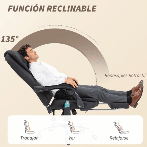 Vinsetto Cadeira de Escritório com 6 Pontos de Massagem Giratória com Encosto Reclinável 135º Função de Aquecimento Apoio para os Pés Retrátil Altura Ajustável e Controlo Remoto 65x70x111-119 cm Preto
