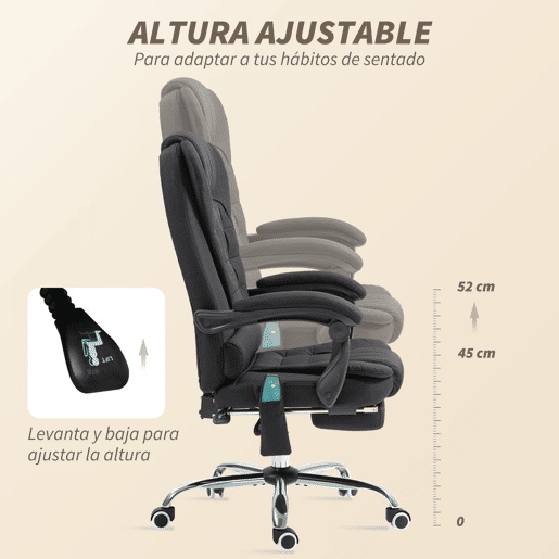 Vinsetto Cadeira de Escritório com 6 Pontos de Massagem Giratória com Encosto Reclinável 135º Função de Aquecimento Apoio para os Pés Retrátil Altura Ajustável e Controlo Remoto 65x70x111-119 cm Preto