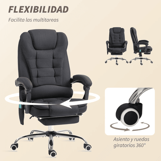 Vinsetto Cadeira de Escritório com 6 Pontos de Massagem Giratória com Encosto Reclinável 135º Função de Aquecimento Apoio para os Pés Retrátil Altura Ajustável e Controlo Remoto 65x70x111-119 cm Preto