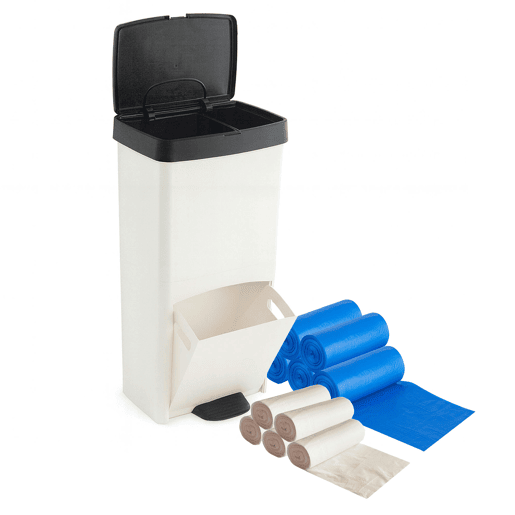 Conjunto de lixeiras de 70L para lixo ou reciclagem, nas cores PRETO E BRANCO, VERTICAIS, com 2 compartimentos, 76 cm de altura, fáceis de usar, INCLUI sacos de lixo adaptados (10L + 30L)