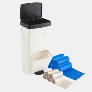 Conjunto de lixeiras de 70L para lixo ou reciclagem, nas cores PRETO E BRANCO, VERTICAIS, com 2 compartimentos, 76 cm de altura, fáceis de usar, INCLUI sacos de lixo adaptados (10L + 30L)