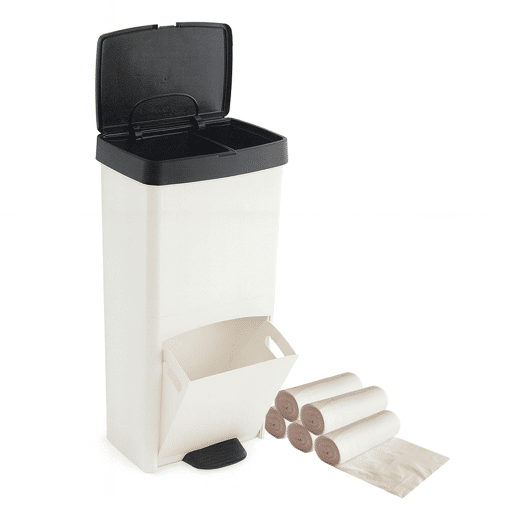 Conjunto de lixeira de 70L para lixo ou reciclagem, nas cores PRETO E BRANCO, VERTICAL, com 2 compartimentos. A lixeira INCLUI 5 rolos (75 sacos) de 10L para resíduos.