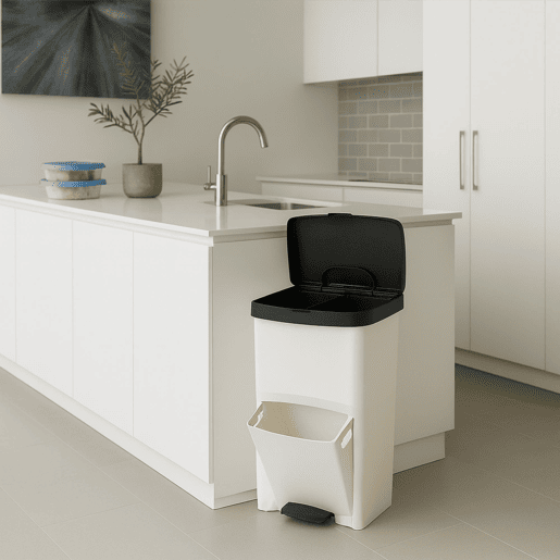 Conjunto de lixeira de 70L para lixo ou reciclagem, nas cores PRETO E BRANCO, VERTICAL, com 2 compartimentos. A lixeira INCLUI 5 rolos (75 sacos) de 10L para resíduos.