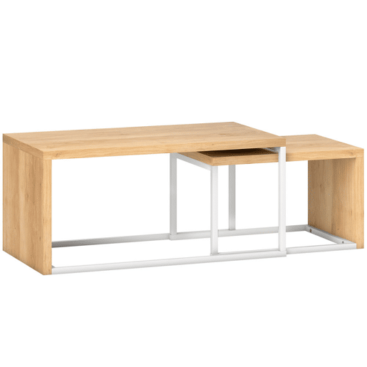 HOMCOM Conjunto de 2 Mesas de Centro Mesas de Café com Pés de Metal Estilo Industrial para Sala de Estar Sala de Jantar 90x48x42 cm e 59x42x36 cm Branco e Madeira