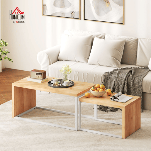HOMCOM Conjunto de 2 Mesas de Centro Mesas de Café com Pés de Metal Estilo Industrial para Sala de Estar Sala de Jantar 90x48x42 cm e 59x42x36 cm Branco e Madeira