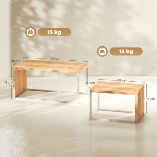 HOMCOM Conjunto de 2 Mesas de Centro Mesas de Café com Pés de Metal Estilo Industrial para Sala de Estar Sala de Jantar 90x48x42 cm e 59x42x36 cm Branco e Madeira