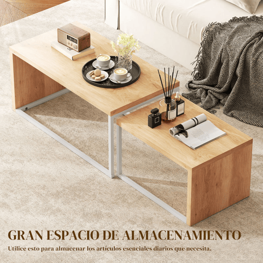 HOMCOM Conjunto de 2 Mesas de Centro Mesas de Café com Pés de Metal Estilo Industrial para Sala de Estar Sala de Jantar 90x48x42 cm e 59x42x36 cm Branco e Madeira