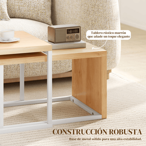 HOMCOM Conjunto de 2 Mesas de Centro Mesas de Café com Pés de Metal Estilo Industrial para Sala de Estar Sala de Jantar 90x48x42 cm e 59x42x36 cm Branco e Madeira