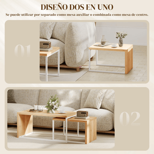 HOMCOM Conjunto de 2 Mesas de Centro Mesas de Café com Pés de Metal Estilo Industrial para Sala de Estar Sala de Jantar 90x48x42 cm e 59x42x36 cm Branco e Madeira