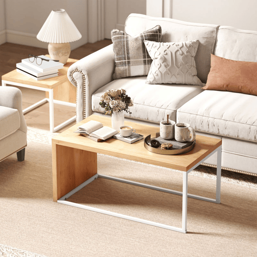 HOMCOM Conjunto de 2 Mesas de Centro Mesas de Café com Pés de Metal Estilo Industrial para Sala de Estar Sala de Jantar 90x48x42 cm e 59x42x36 cm Branco e Madeira