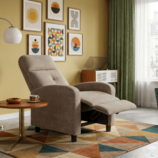 Poltrona reclinável manual Relax 155º, modelo Denmark, para sala de estar, em poliéster respirável marrom, 67x98x87 cm