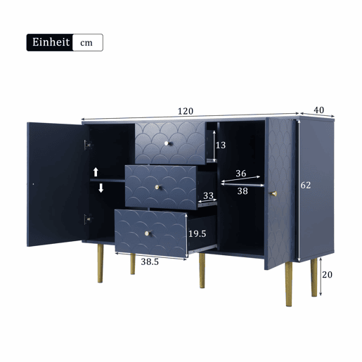 Aparador 120x40x83 cm - 2 portas, 3 gavetas, prateleira ajustável - Azul marinho