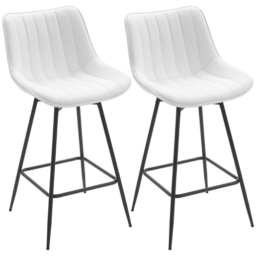 HOMCOM Conjunto de 2 Bancos de Bar Giratórios Bancos Altos de Cozinha com Encosto Curvado e Apoio para os Pés Estofados em PU Estrutura de Aço Cadeiras Altas de Cozinha para Sala de Jantar 47x54,5x97,5 cm Branco