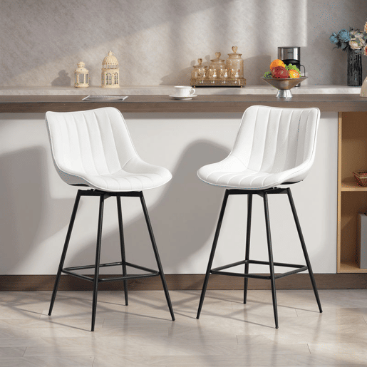 HOMCOM Conjunto de 2 Bancos de Bar Giratórios Bancos Altos de Cozinha com Encosto Curvado e Apoio para os Pés Estofados em PU Estrutura de Aço Cadeiras Altas de Cozinha para Sala de Jantar 47x54,5x97,5 cm Branco