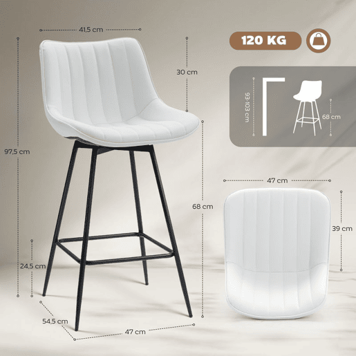 HOMCOM Conjunto de 2 Bancos de Bar Giratórios Bancos Altos de Cozinha com Encosto Curvado e Apoio para os Pés Estofados em PU Estrutura de Aço Cadeiras Altas de Cozinha para Sala de Jantar 47x54,5x97,5 cm Branco