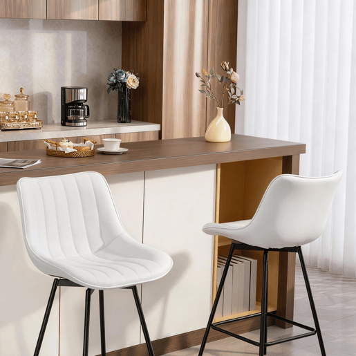 HOMCOM Conjunto de 2 Bancos de Bar Giratórios Bancos Altos de Cozinha com Encosto Curvado e Apoio para os Pés Estofados em PU Estrutura de Aço Cadeiras Altas de Cozinha para Sala de Jantar 47x54,5x97,5 cm Branco