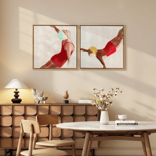 HOMCOM Pinturas em Tela de Figuras Dinâmicas à Mão 40x40 cm 2 Peças Pinturas de Arte de Parede Emolduradas Decoração Moderna para Quarto Sala Cozinha Vermelho
