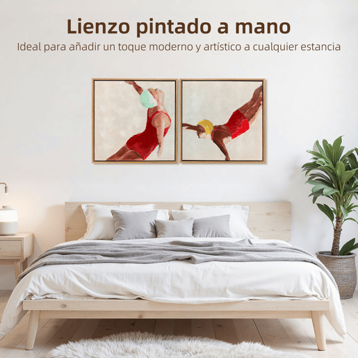 HOMCOM Pinturas em Tela de Figuras Dinâmicas à Mão 40x40 cm 2 Peças Pinturas de Arte de Parede Emolduradas Decoração Moderna para Quarto Sala Cozinha Vermelho