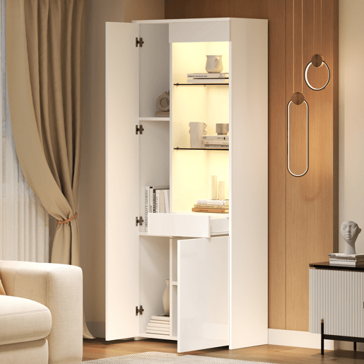 Vitrine 70x35x180 cm - Altura brilhante, vidro com LED, gavetas, armazenamento - Branco