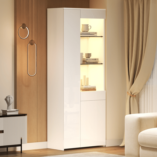 Vitrine 70x35x180 cm - Altura brilhante, vidro com LED, gavetas, armazenamento - Branco