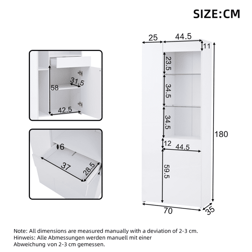 Vitrine 70x35x180 cm - Altura brilhante, vidro com LED, gavetas, armazenamento - Branco